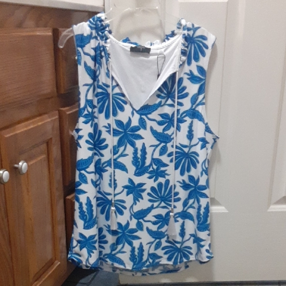 Tahari Blue and White Tie Front Tank Top